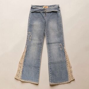 Vintage Y2K Coco Hippie Flare Denim Jeans Crochet Panel Accents